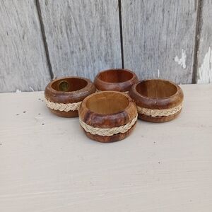 Vtg Wooden Farmhouse‎ Rustic Napkin Rings Set Of 4 MCM Rope Detail  Philippines